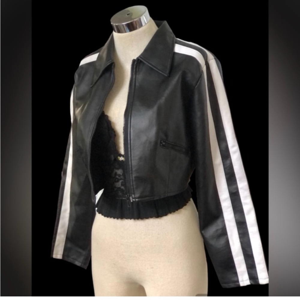 Cropped Black Leather Jacket with White Sleeve Stripes
